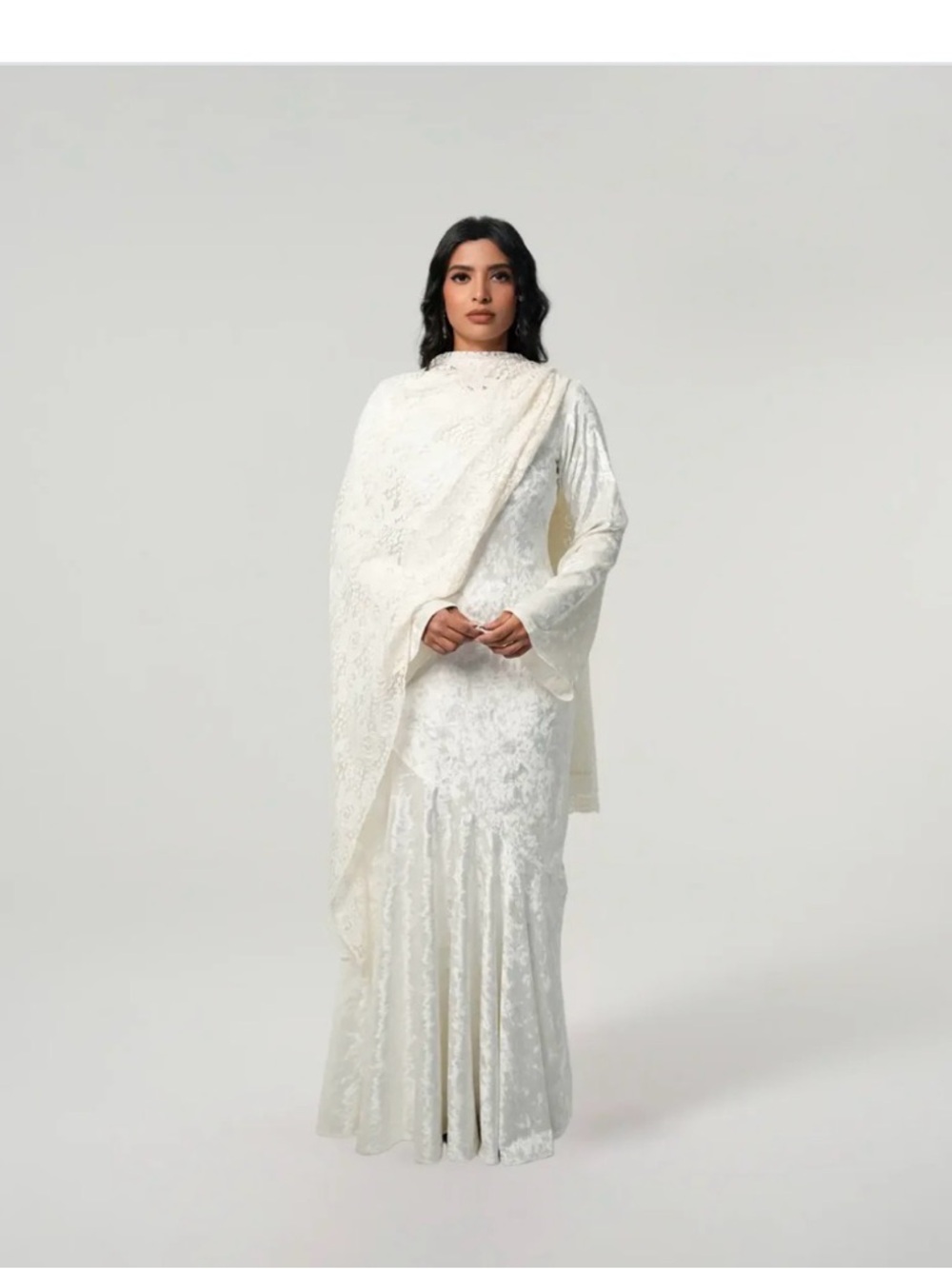Elegant White Lace bridal maxi Dress with Draped Shawl